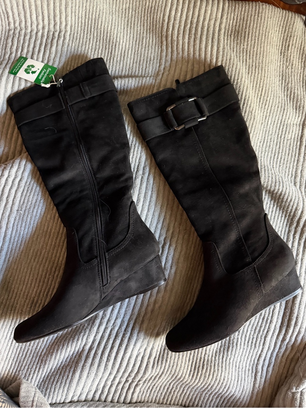 NWT Black Suede Knee High Boots with Buckle Detail
